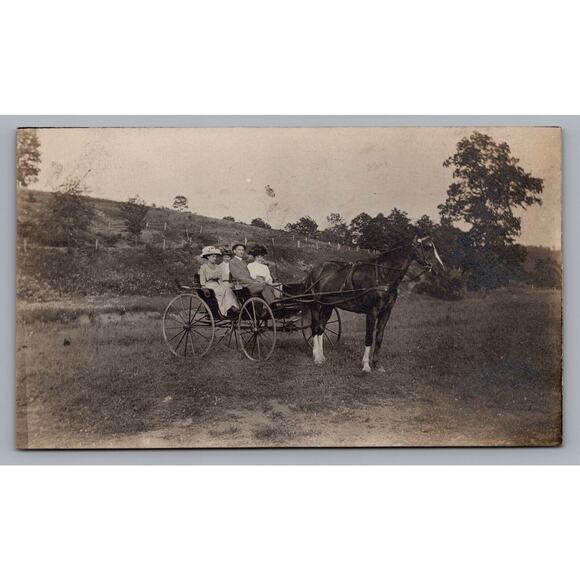 RPPC Postcard Horse Buggy Country Ride Couple Edwardian Sisters Chaperone Suitor - Picture 1 of 2